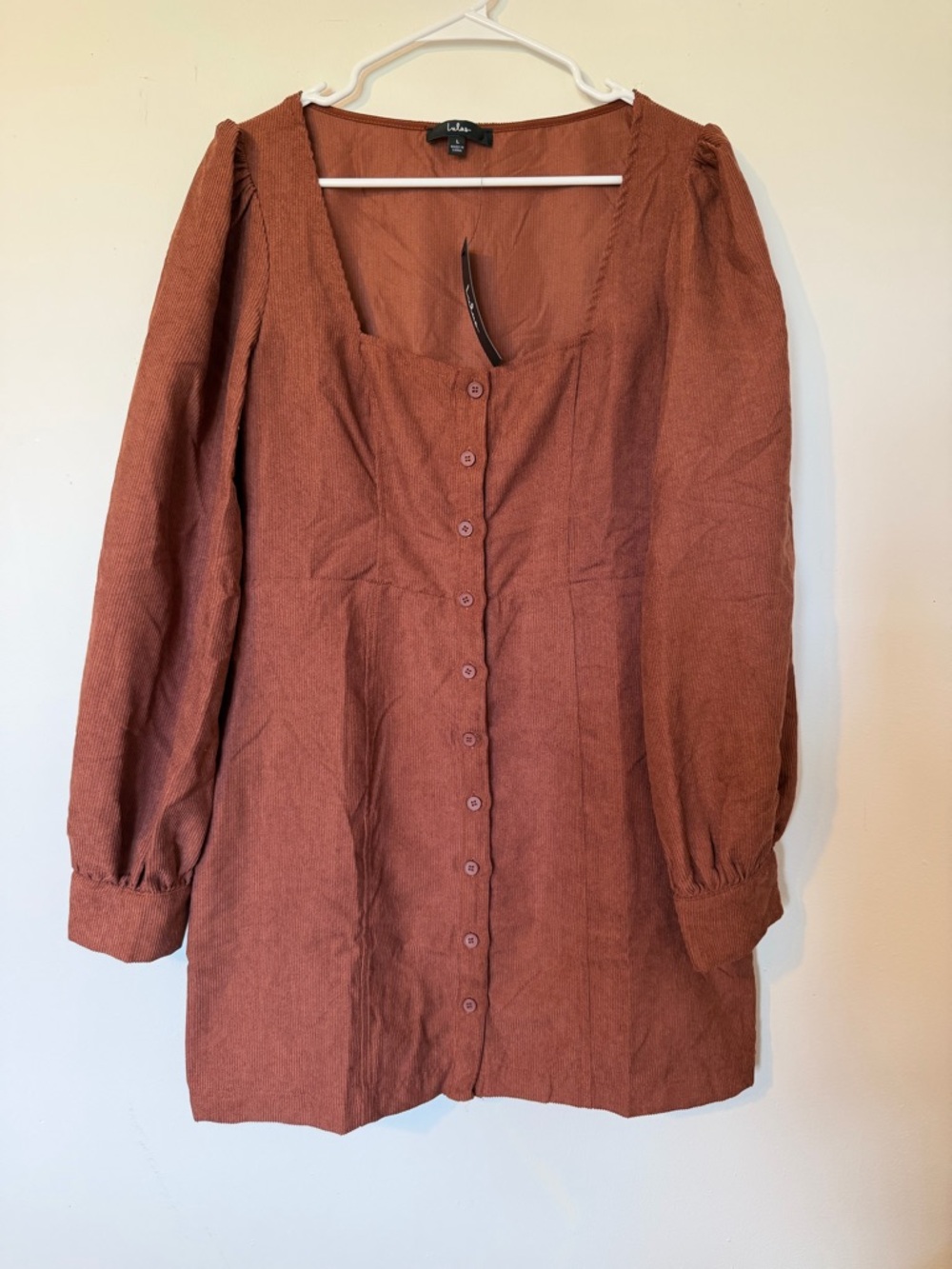 Lulu's Corduroy Button-Front Mini Dress Long Sleeve Puffed
